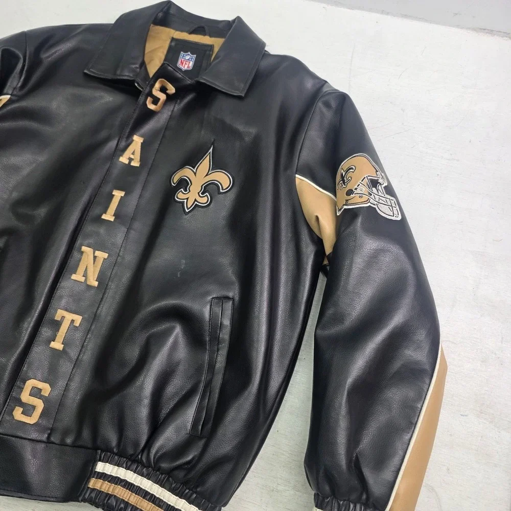 New Orleans Saints Faux Leather Jacket Men's Size L G-III NFL Embroidered Patch